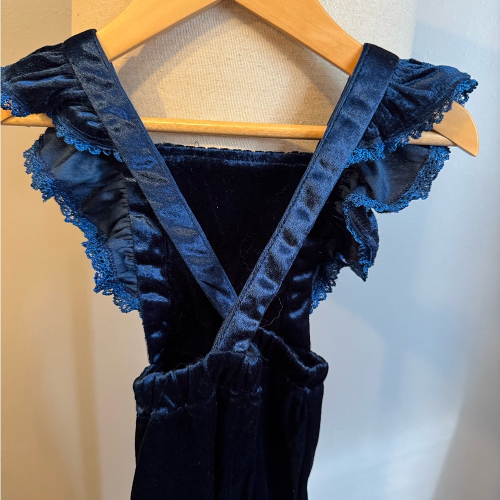 Navy Ruffled Velvet Overalls - Picture 2 of 3